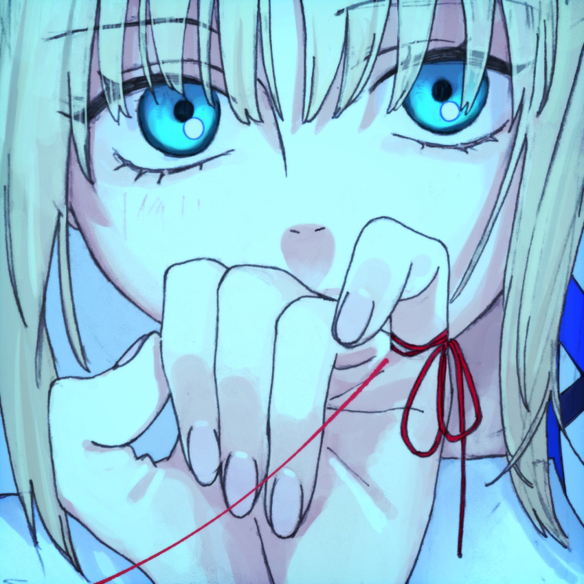 1girl, artoria_pendragon_(fate), blonde_hair, blue_eyes, blush, close-up, commentary_request, fate/stay_night, fate_(series), highres, looking_at_viewer, saber_(fate), sksk_sn09, solo, string, string_around_finger, string_of_fate