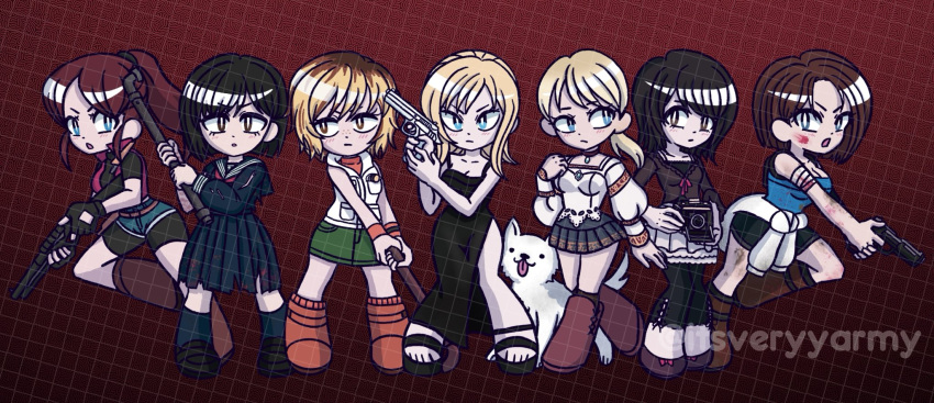 6+girls, amakura_mio, aya_brea, bellows_camera, black_dress, black_hair, blonde_hair, blood
