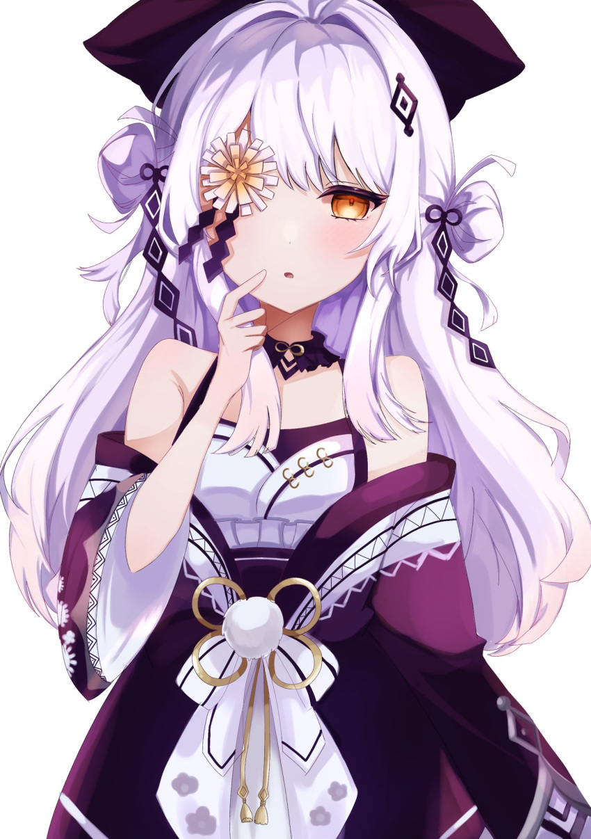 1girl, blush, commentary_request, flower_in_eye, flower_ornament, hair_ornament, hat, highres, hime_cut, japanese_clothes, long_hair, magical_girl, mahou_shoujo_no_inshuu_mura, orange_eyes, symbol_in_eye, watanuki_sakuya_(manomura), white_background, white_hair, zyvum6byy12vzyd