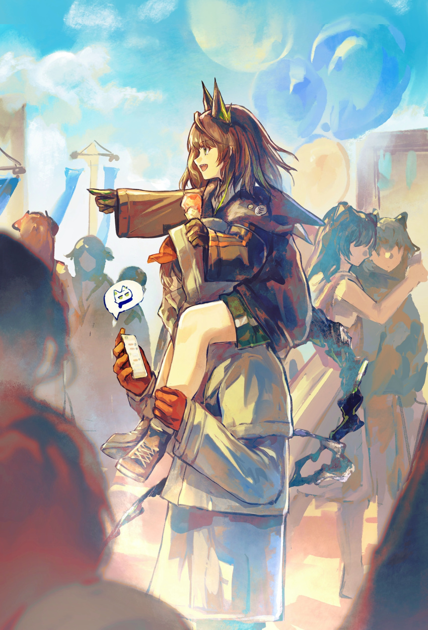 1girl, 1other, absurdres, ambiguous_gender, animal_ears, arknights, balloon, baseball_cap