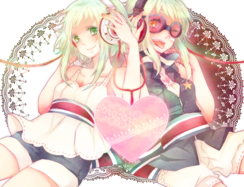 bad_id, dual_persona, goggles, green_eyes, green_hair, gumi, hands_on_headphones, headphones, pekikokko, short_hair, shorts, smile, solo, tongue, vocaloid, wink