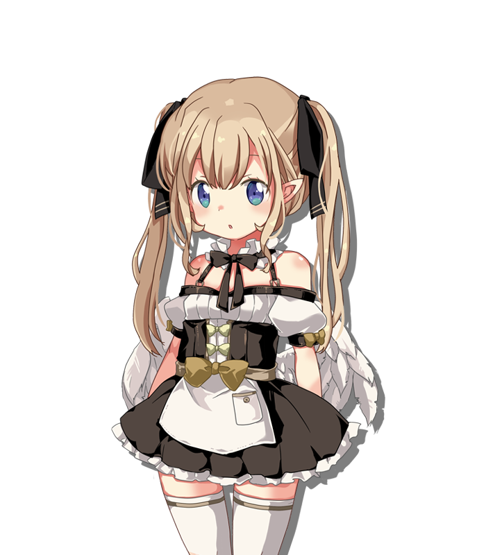 1girl, :o, angel, angel_wings, apron, ariel_(oukoku_no_shugo_tenshi), bare_shoulders, black_bow