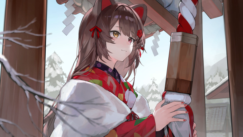 1girl, animal_ears, blurry, blurry_foreground, branch, brown_hair, cape, cine_(wazd0183)