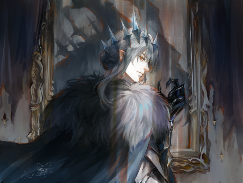 1boy, cape, closed_mouth, colored_extremities, commentary, crack_of_light, english_commentary, fate_(series), fur_cape, grey_cape, hair_bun, highres, looking_back, male_focus, oberon_(fate), oberon_(third_ascension)_(fate), picture_frame, pointy_ears, renrenka_noi, short_hair, signature, solo, yellow_eyes