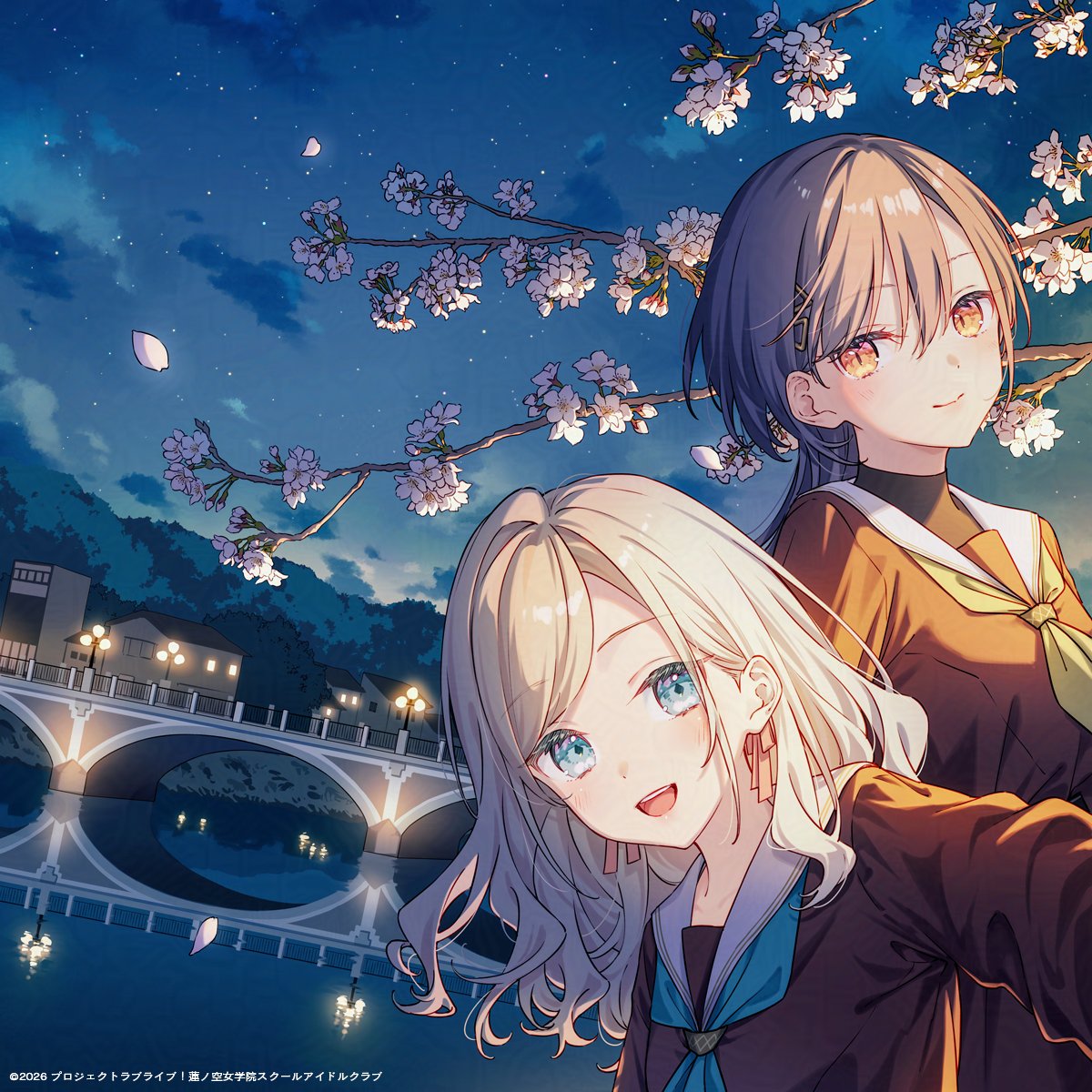2girls, :d, aqua_eyes, black_hair, blue_eyes, blue_sky, bridge, brown_dress