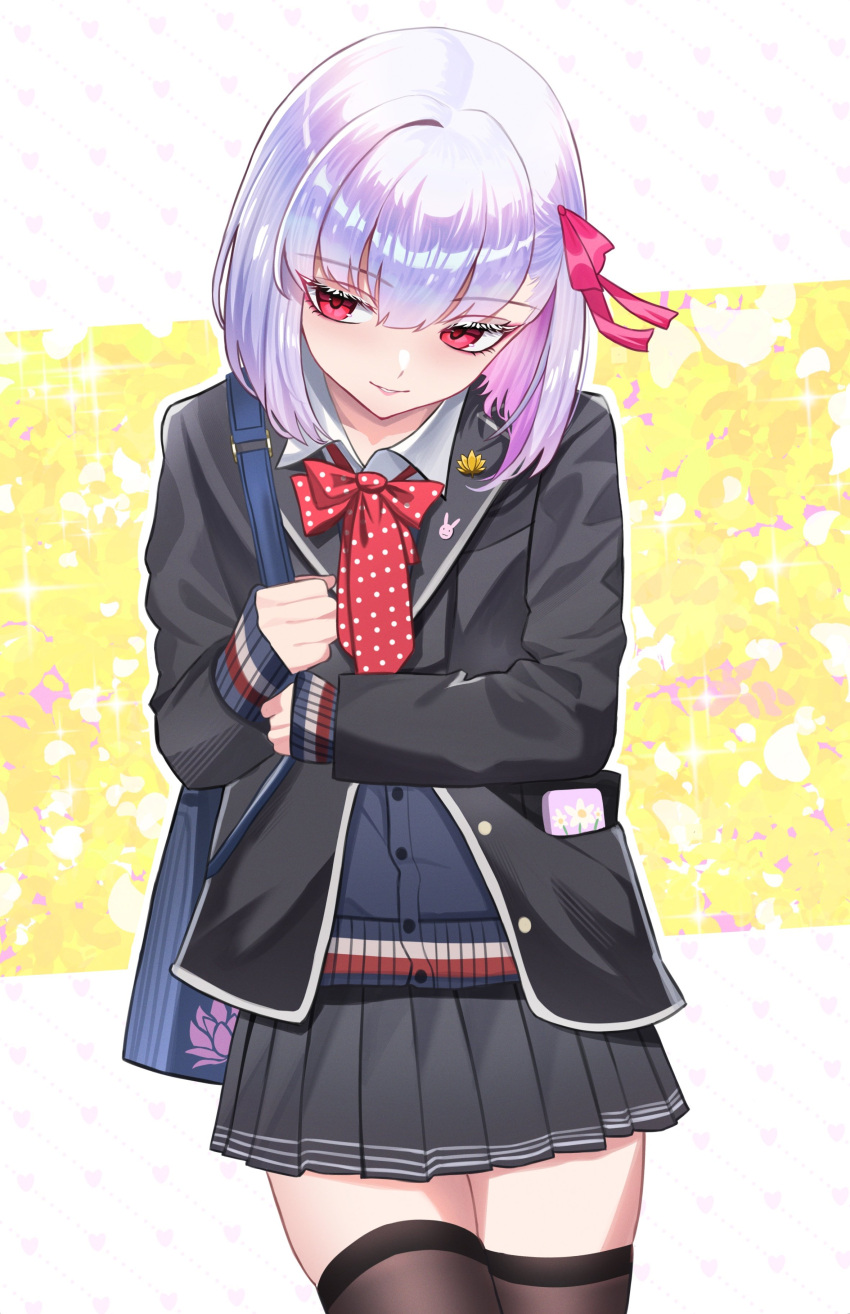 1girl, absurdres, alternate_costume, bag, black_jacket, bow, bowtie, cellphone, colored_inner_hair, commentary, fate/grand_order, fate_(series), hair_ribbon, highres, jacket, kama_(fate), kaworu13, multicolored_hair, phone, pink_hair, red_bow, red_bowtie, red_eyes, ribbon, school_uniform, short_hair, shoulder_bag, skindentation, skirt, smartphone, sweater, symbol-only_commentary, thigh-highs, thighs, white_hair, zettai_ryouiki