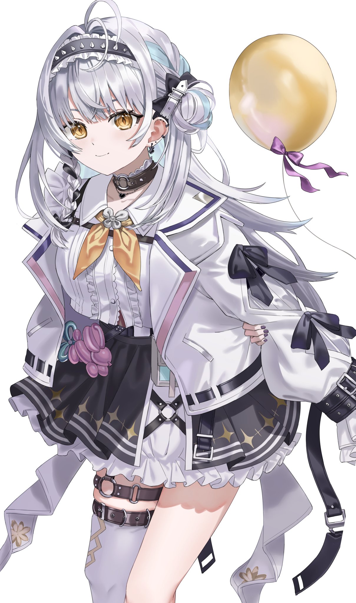 1girl, balloon, black_hairband, center_frills, closed_mouth, commentary, frills, ginjo_saine