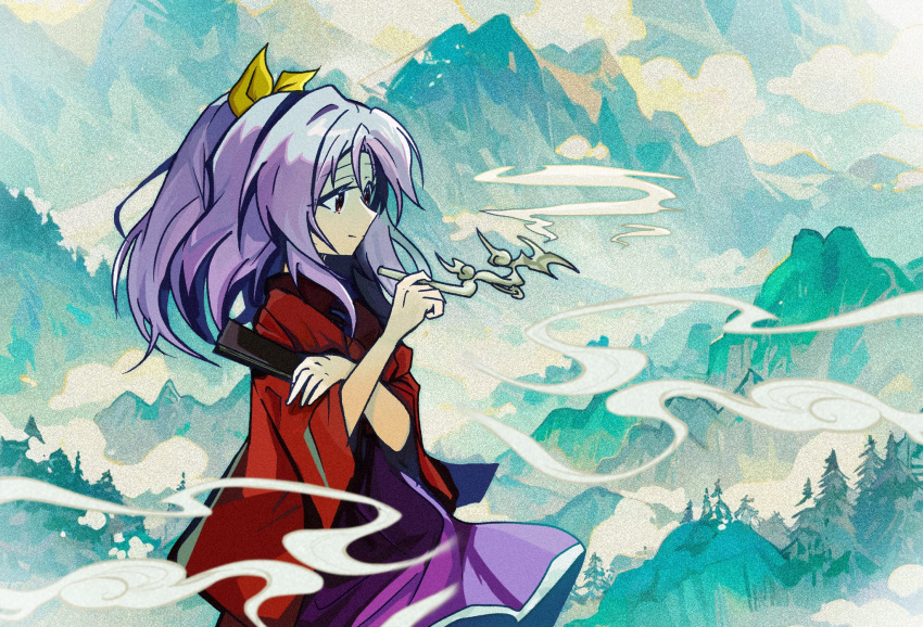 1girl, hashtag-only_commentary, high_ponytail, highres, holding, holding_smoking_pipe, jyjmekou, komakusa_sannyo, outdoors, ponytail, sky, smile, smoking_pipe, solo, touhou