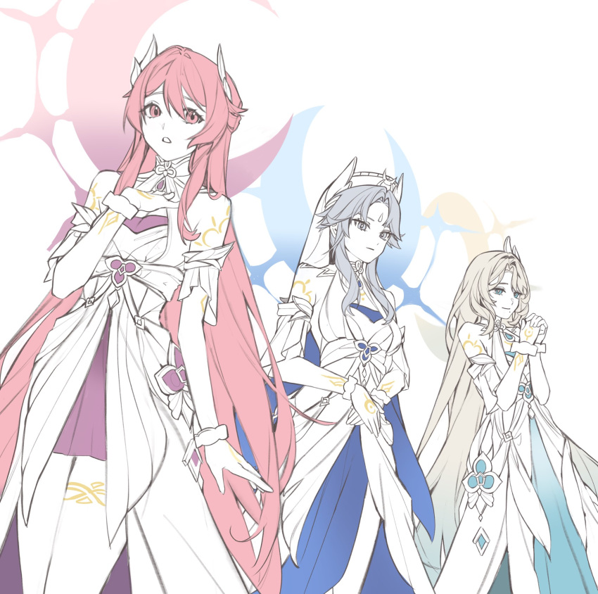 3girls, aria_(genshin_impact), bare_shoulders, blonde_hair, blue_eyes, blue_hair, blue_halo, bracelet, breasts, canon_(genshin_impact), closed_mouth, dress, facial_mark, forehead_mark, genshin_impact, gold_bracelet, halo, halo_behind_head, hashtag-only_commentary, headpiece, highres, jewelry, long_hair, multicolored_hair, multiple_girls, naengbi1008, open_mouth, pink_eyes, pink_hair, pink_halo, siblings, sisters, smile, sonnet_(genshin_impact), two-tone_hair, white_dress, yellow_halo