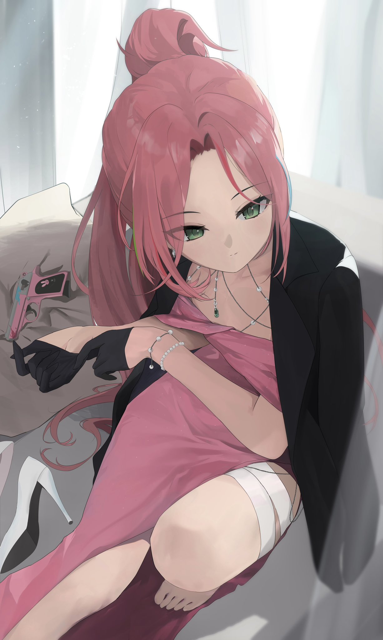 1girl, adjusting_clothes, adjusting_gloves, barefoot, black_gloves, bracelet, closed_mouth, commentary, dress, facing_viewer, gloves, green_eyes, green_hair, gun, half_gloves, hanako_nana, high_heels, highres, indoors, jacket, jacket_on_shoulders, jageunson, jewelry, long_hair, multicolored_hair, pink_dress, pink_hair, ponytail, shoes, solo, stellive, streaked_hair, symbol-only_commentary, unworn_shoes, very_long_hair, virtual_youtuber, weapon, white_shoes