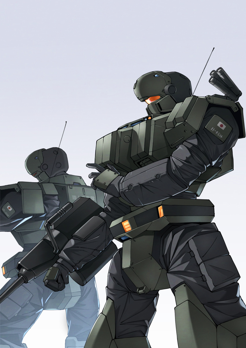 absurdres, arl-99_helldiver, arm_mounted_weapon, assault_visor, commentary_request, feet_out_of_frame, highres, japan_self-defense_force, kidou_keisatsu_patlabor, mecha, mecha_focus, military, no_humans, orange_visor, radio_antenna, reactive_armor, robot, science_fiction, simple_background, standing, takahashi_masaki, white_background