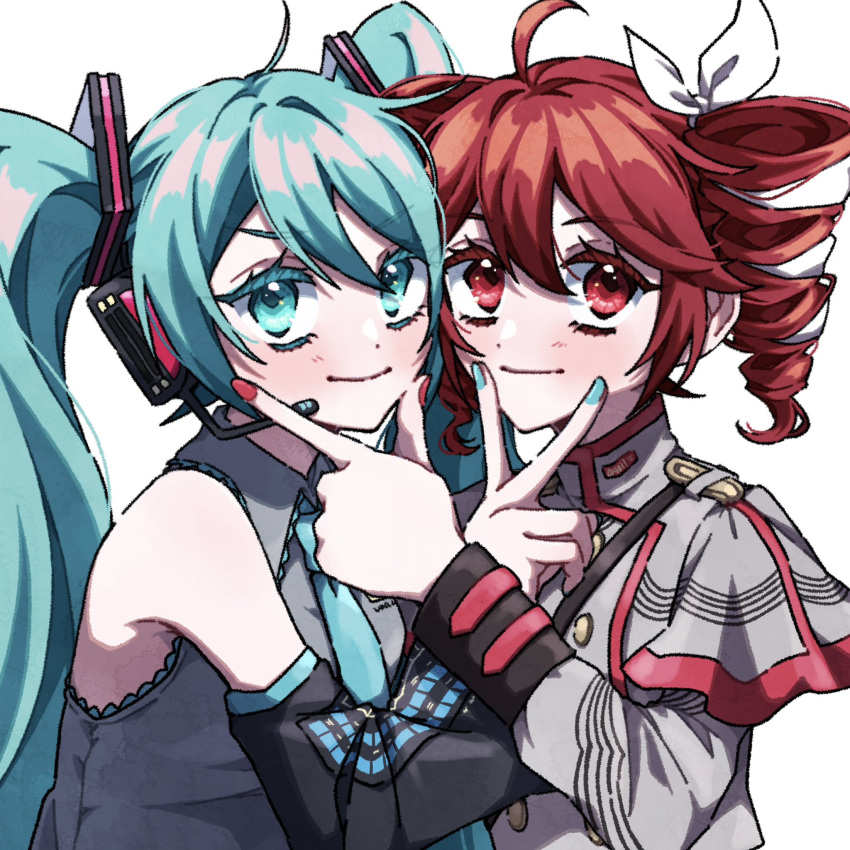 2girls, ahoge, blue_eyes, blue_hair, bow, collared_shirt, colored_eyelashes, commentary