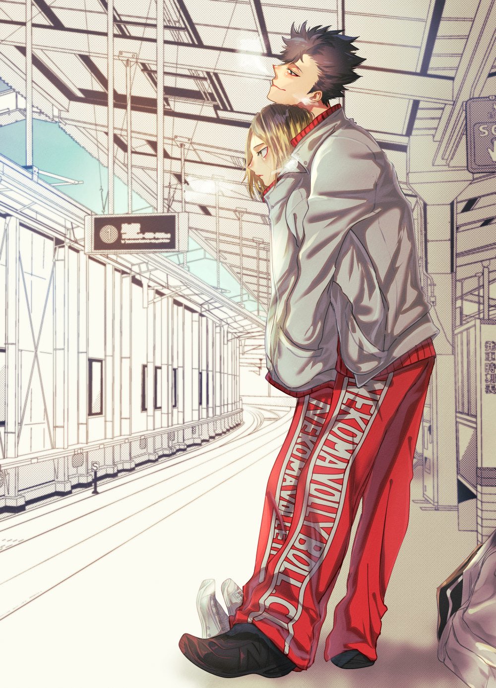 2boys, black_hair, black_shoes, blonde_hair, closed_mouth, commentary_request, from_side, full_body