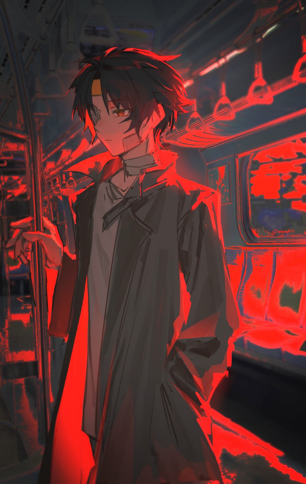 1boy, alternate_costume, asaba_harumasa, bandaged_neck, bandages, black_hair, brown_coat, closed_mouth