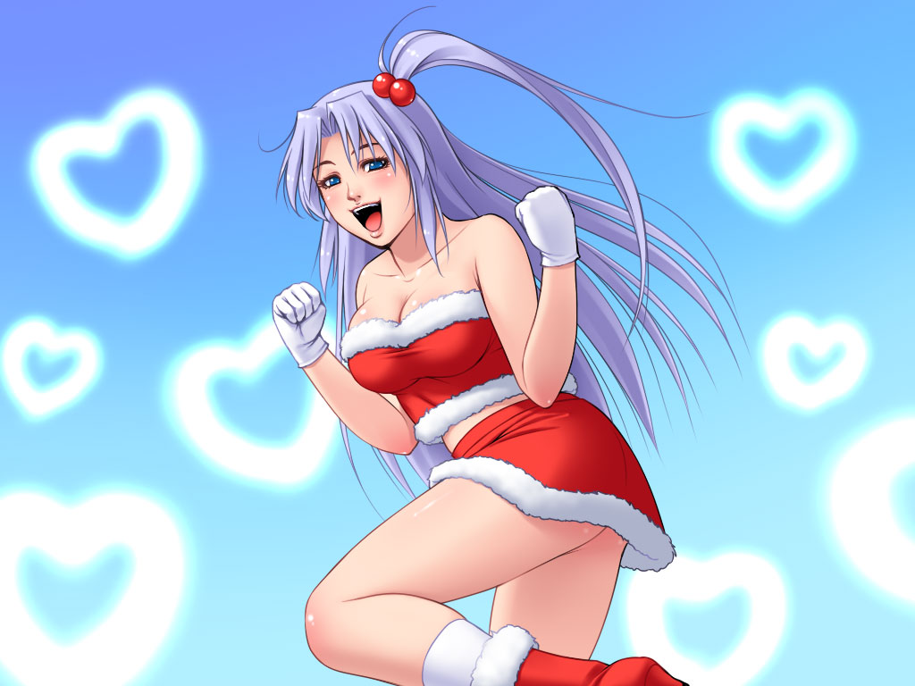1024x768, boots, hair_bobbles, hair_ornament, long_hair, santa_costume, shinki, side_ponytail