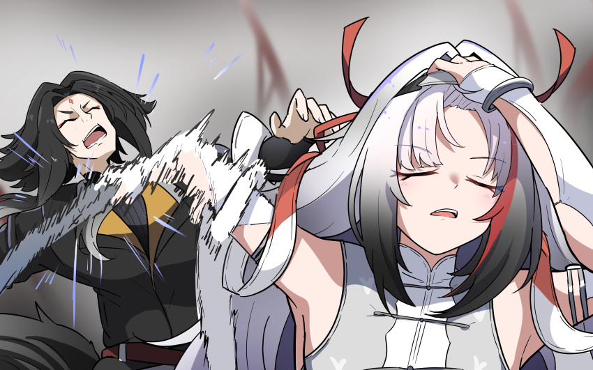 1boy, 1girl, animal_ear_fluff, animal_ears, arm_up, armlet, armpits, bare_shoulders