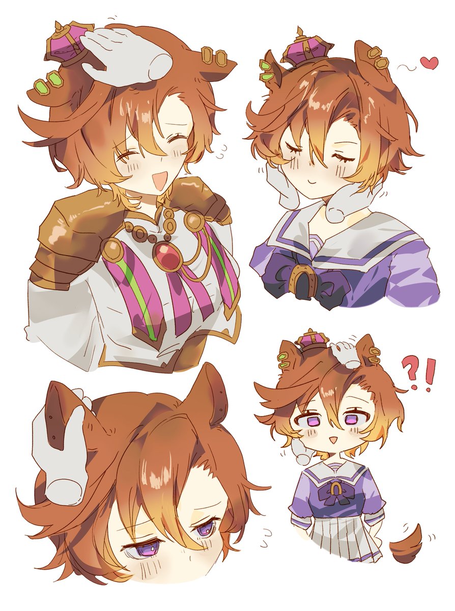 !?, 1girl, 1other, animal_ears, armor, blush, bow, bowtie, breasts, cheek_press, closed_eyes, closed_mouth, commentary, crown, english_commentary, hair_between_eyes, headpat, heart, highres, horse_ears, horse_girl, horse_tail, jewelry, john_uma, long_sleeves, looking_at_viewer, mini_crown, orange_hair, orange_tail, pink_crown, pleated_skirt, puffy_short_sleeves, puffy_sleeves, purple_bow, purple_bowtie, purple_shirt, sailor_collar, sailor_shirt, school_uniform, shirt, short_hair, short_sleeves, shoulder_armor, skirt, smile, t.m._opera_o_(o_sole_suo!)_(umamusume), t.m._opera_o_(umamusume), tail, tracen_school_uniform, umamusume, violet_eyes, white_sailor_collar, white_shirt, white_skirt