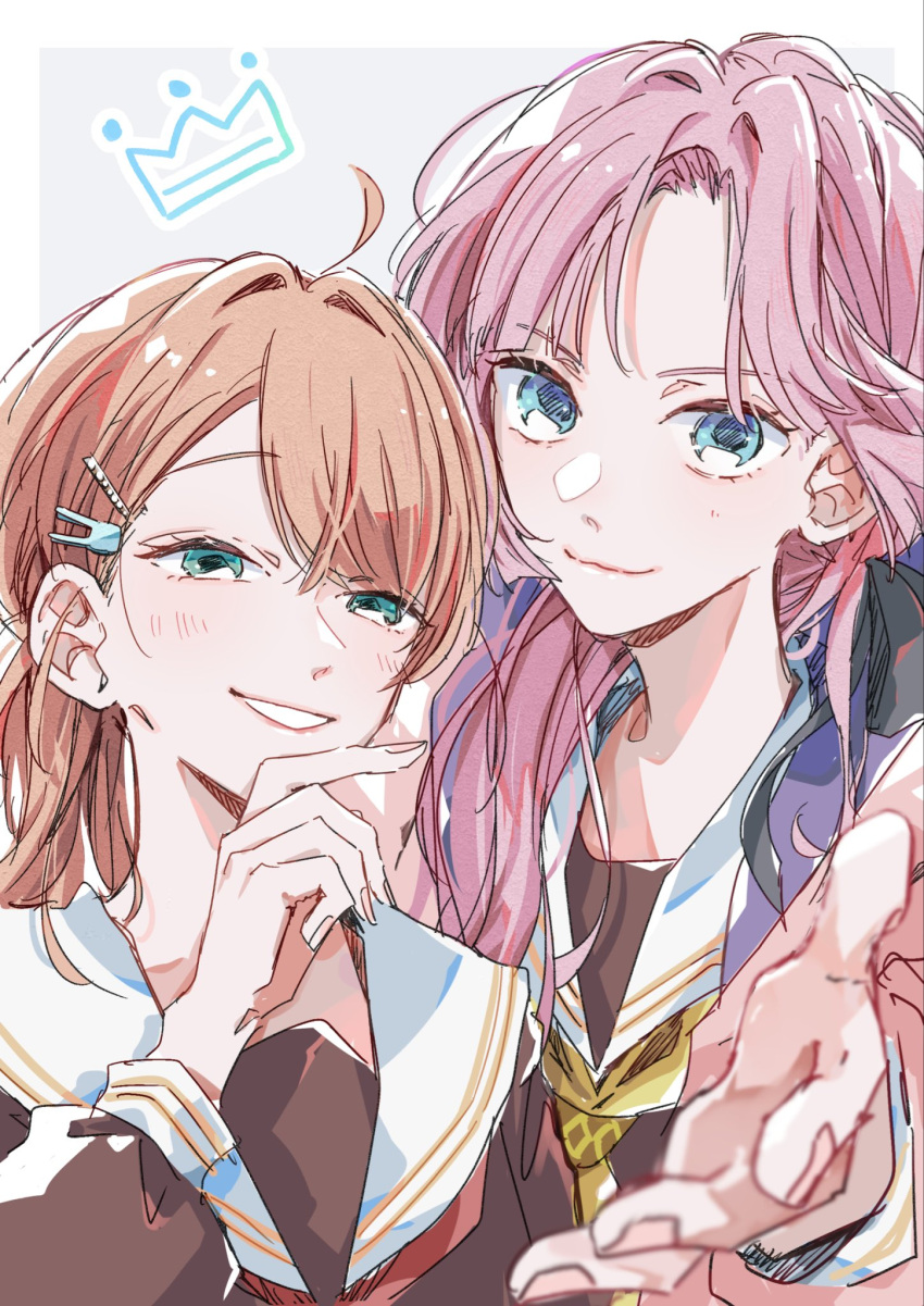 2girls, ahoge, anyoji_hime, aqua_eyes, blue_eyes, blush, border, brown_dress