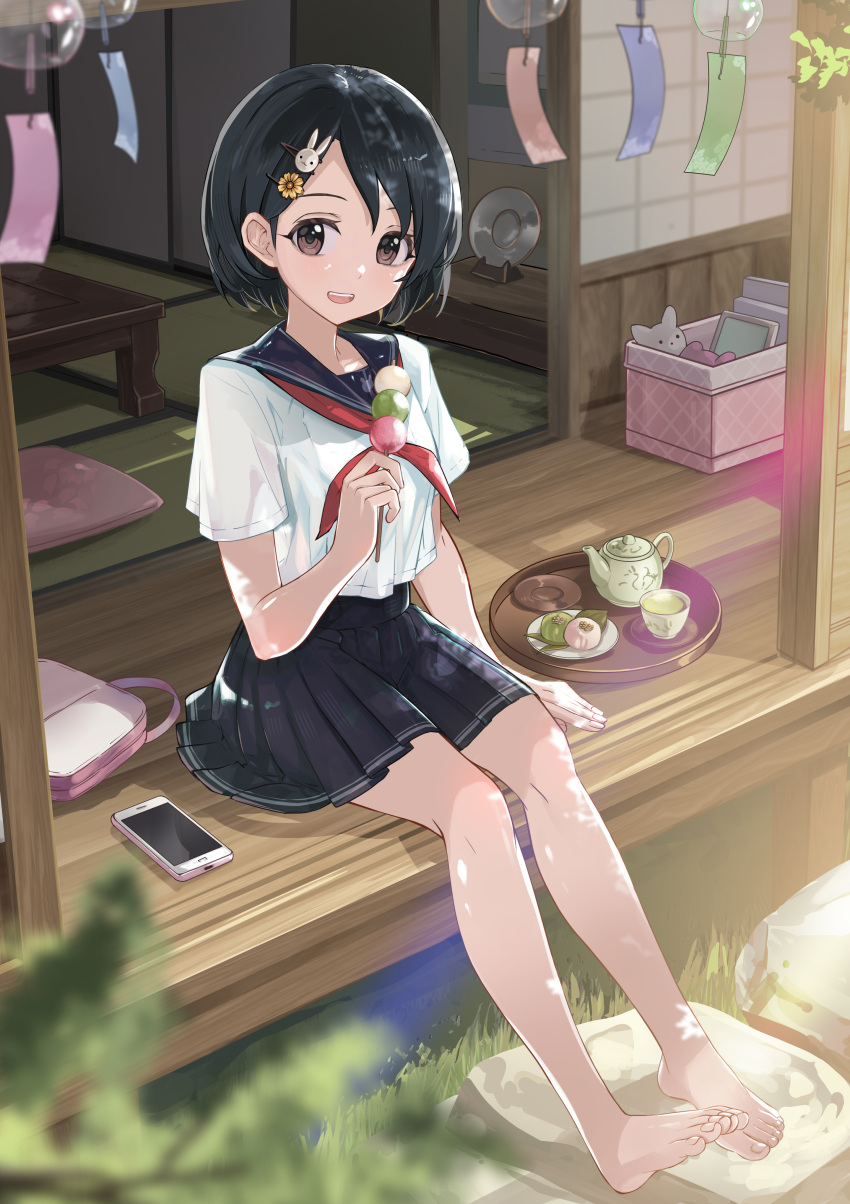 1girl, absurdres, architecture, bare_legs, barefoot, black_hair, black_sailor_collar, black_skirt