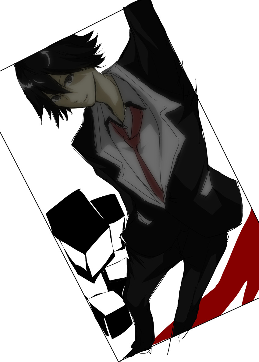 1boy, absurdres, bibi_(coffe), black_hair, chaos;child, collared_shirt, foreshortening, from_above