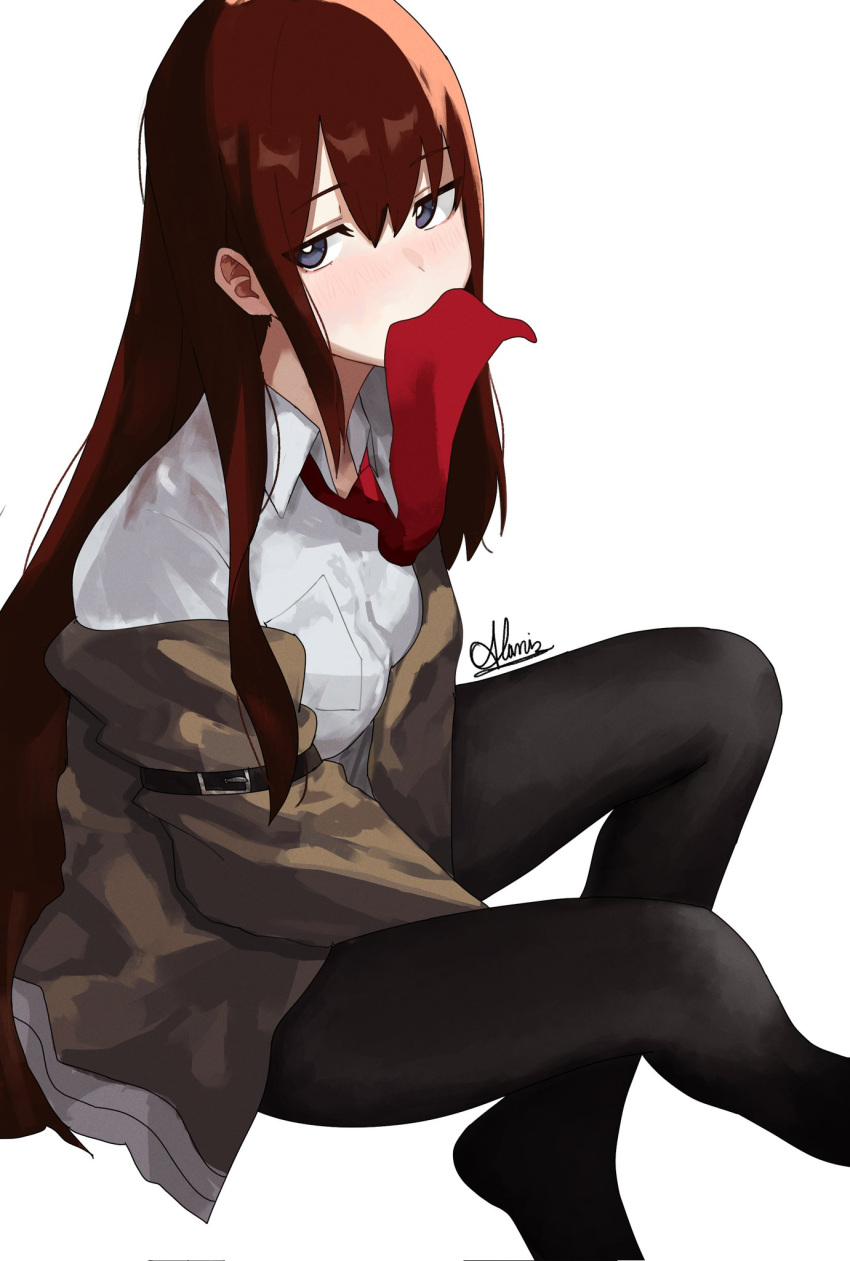 1girl, alaniz_(lafertealanis), belt, black_pantyhose, black_shorts, brown_hair, collared_shirt, commentary, crossed_legs, dress_shirt, hair_between_eyes, highres, jacket, long_hair, long_sleeves, looking_at_viewer, makise_kurisu, mouth_hold, narrowed_eyes, necktie, necktie_in_mouth, open_collar, pantyhose, pantyhose_under_shorts, red_necktie, science_adventure, shirt, shorts, simple_background, sitting, solo, steins;gate, violet_eyes, white_background, white_shirt