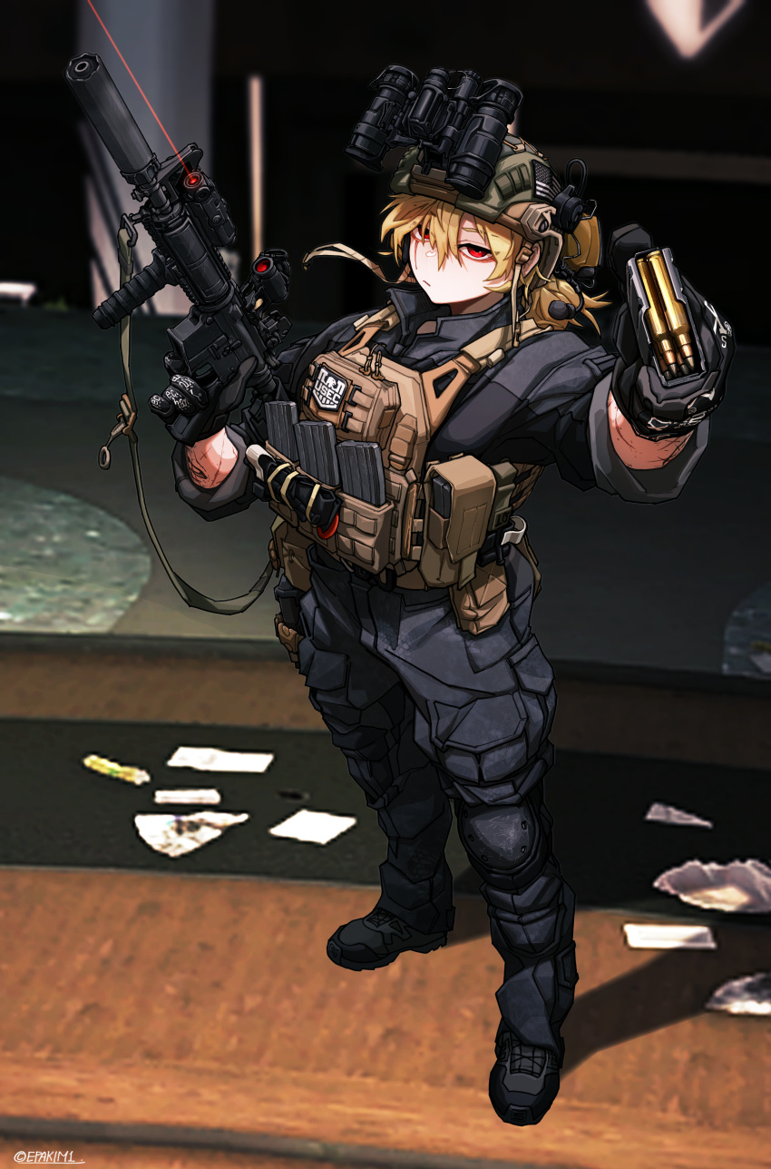1girl, absurdres, american_flag, ammunition_pouch, assault_rifle, black_gloves, black_pants, black_shoes