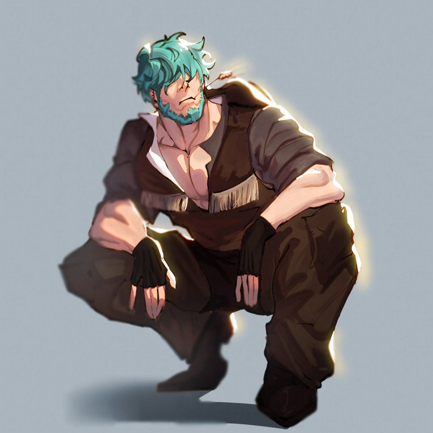 1boy, beard, commentary, commission, english_commentary, facial_hair, fingerless_gloves, fire_emblem, fire_emblem:_the_blazing_blade, gloves, green_hair, hair_over_eyes, highres, lowen_(fire_emblem), male_focus, mouth_hold, pectoral_cleavage, pectorals, short_hair, solo, stalk_in_mouth, via_(vi4rmo)