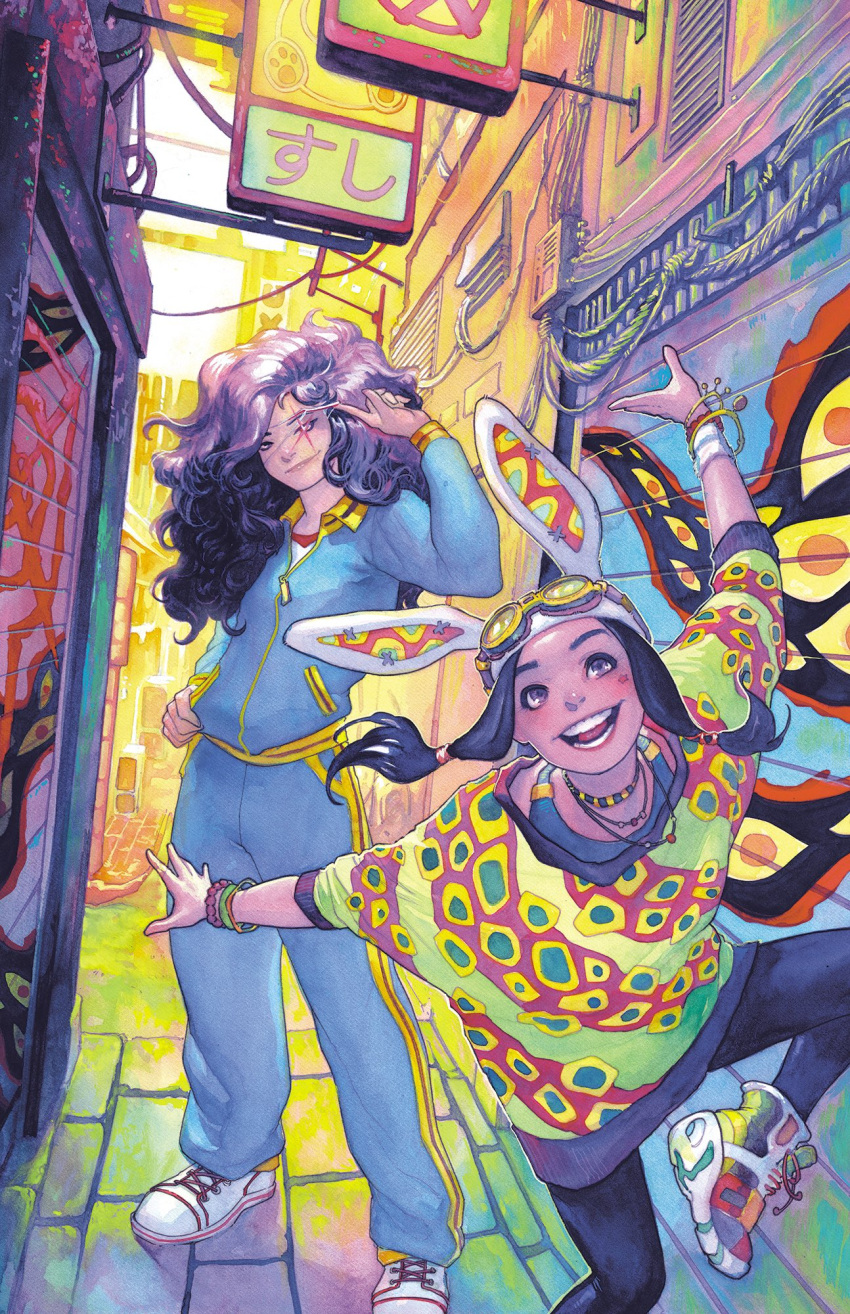2girls, :d, alley, animal_ears, big_hair, black_hair, black_leggings, blue_track_suit, bracelet, brick_road, colorful, comic_cover, commentary, english_commentary, eyepatch, eyepatch_lift, fake_animal_ears, floating_hair, glint, goggles, goggles_on_headwear, gouache_(medium), green_shirt, hand_on_own_hip, highres, jewelry, leggings, looking_at_viewer, looking_up, low-tied_sidelocks, marvel, meghan_hetrick, mori_(marvel), multicolored_shirt, multiple_bracelets, multiple_girls, multiple_necklaces, natsu_tsukishima, necklace, official_art, open_mouth, painting_(medium), purple_hair, rabbit_ear_headwear, red_eyes, red_shirt, shirt, shoes, sidelocks, sign, smile, sneakers, track_suit, traditional_media, translation_request, violet_eyes, watercolor_(medium), white_shoes, x-men, yellow_shirt