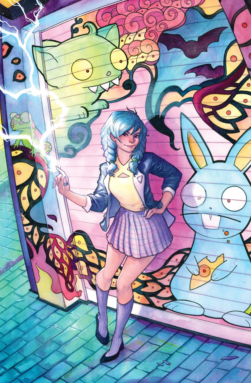 1girl, ashida_noriko, bat_(animal), black_eyes, black_shoes, blue_hair, blue_jacket, braid, brick_floor, colorful, comic_cover, commentary, electricity, electrokinesis, english_commentary, flats, freckles, frog, full_body, garage_door, gouache_(medium), graffiti, hand_on_own_hip, highres, index_finger_raised, jacket, jewelry, low_twin_braids, marvel, meghan_hetrick, official_art, painting_(medium), pink_skirt, plaid_clothes, plaid_skirt, pleated_skirt, purple_socks, rabbit, ring, sharp_teeth, shirt, shoes, skirt, socks, solo, surge_(x-men), teeth, traditional_media, twin_braids, watercolor_(medium), x-men, yellow_shirt
