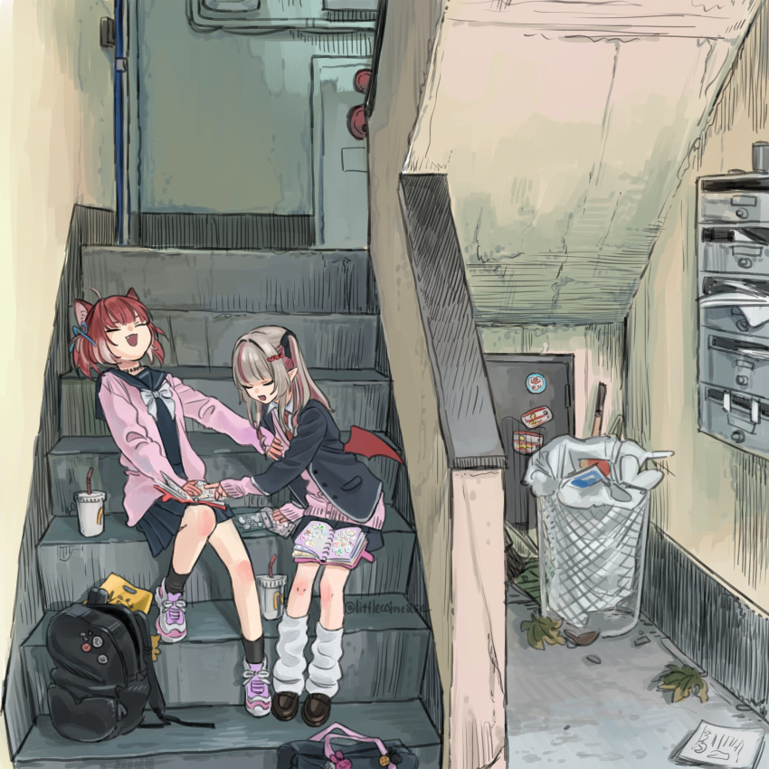 2girls, absurdres, akami_karubi, animal_ears, backpack, bag, black_jacket, black_sailor_collar