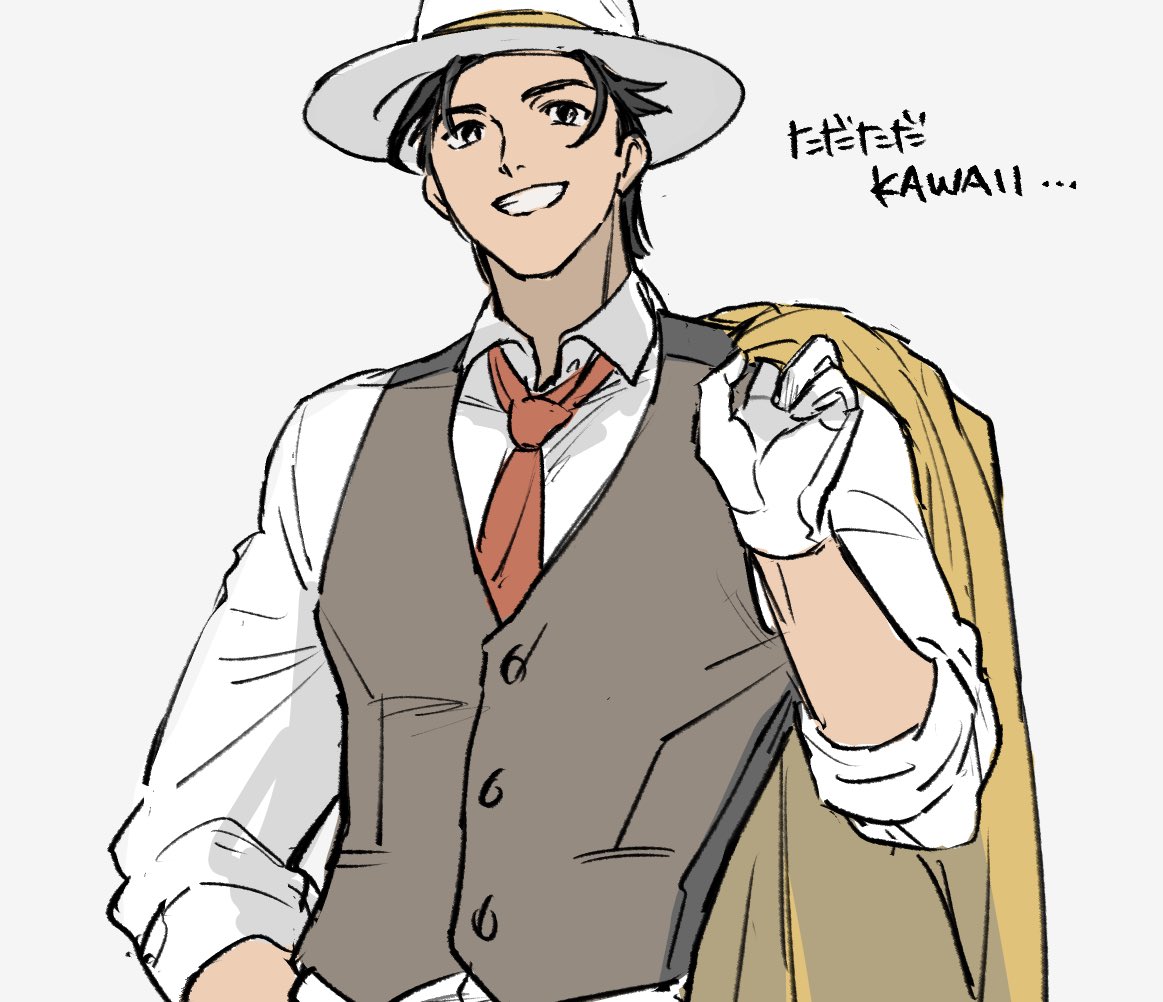1boy, anonatsutods, artist_name, brown_eyes, brown_hair, coat, commentary, fedora