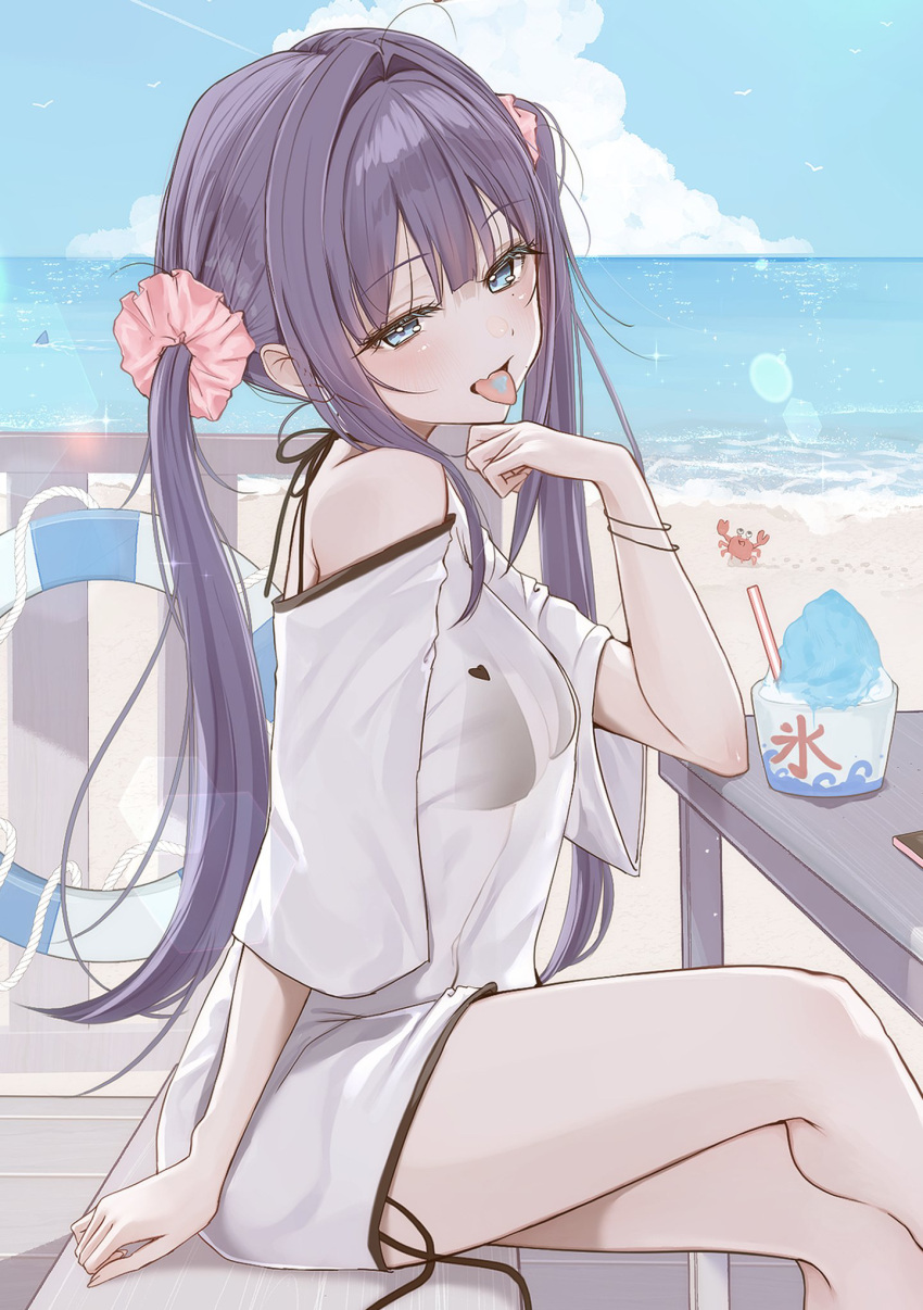 1girl, aqua_eyes, beach, bikini, bikini_under_clothes, black_bikini, blue_sky, blunt_bangs, blush, bracelet, clouds, commentary_request, cup, day, disposable_cup, disposable_ice_cream_cup, food, hair_ornament, hair_scrunchie, highres, horizon, jewelry, long_hair, looking_at_viewer, ocean, open_mouth, original, outdoors, oversized_clothes, oversized_shirt, purple_hair, sand, scrunchie, see-through_clothes, see-through_shirt, shaved_ice, shirt, shore, side-tie_bikini_bottom, sitting, sky, smile, solo, swimsuit, tongue, tongue_out, twintails, uiri-na, very_long_hair, water, white_shirt