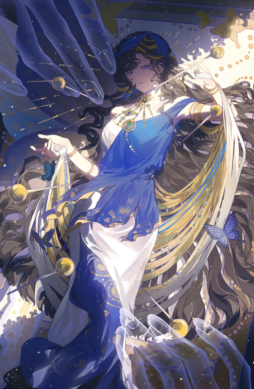 1girl, absurdres, armlet, black_hair, blue_dress, blue_veil, bracelet, dress
