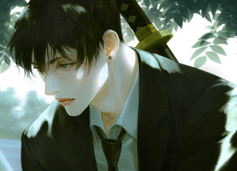 1boy, black_hair, black_jacket, blue_eyes, chainsaw_man, closed_mouth, commentary, earrings