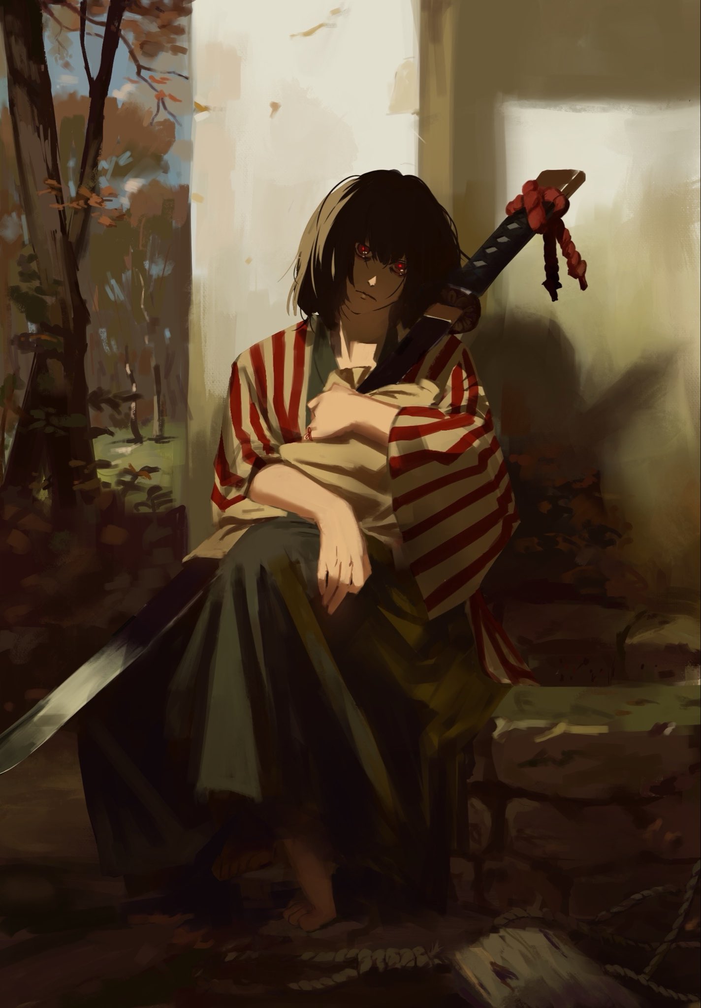 1girl, bags_under_eyes, black_hair, black_kimono, coat, commentary, e.g.o_(project_moon), english_commentary