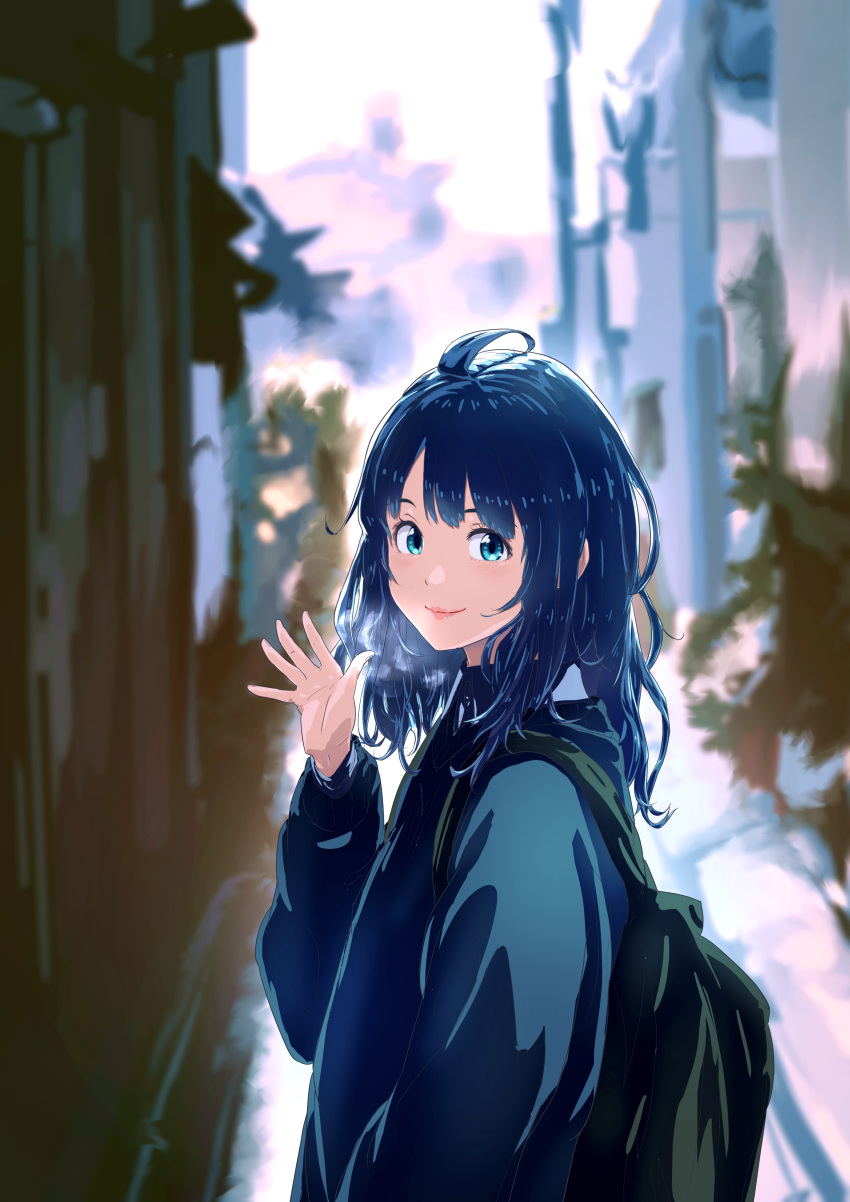 1girl, absurdres, ahoge, alley, alternate_costume, backpack, bag, blue_eyes