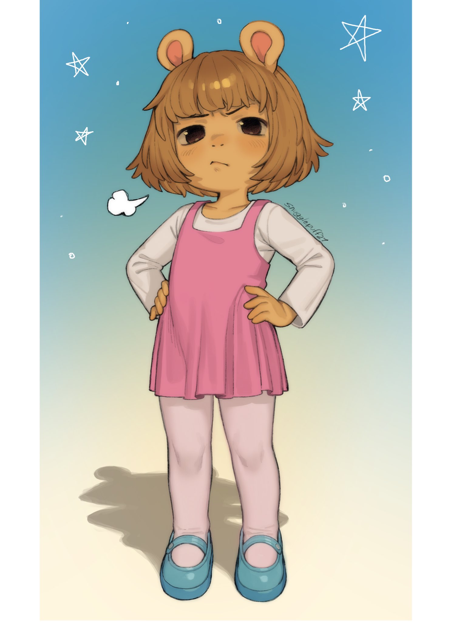 1girl, animal_ears, animification, arthur_(series), blue_shoes, bob_cut, body_fur, brown_eyes
