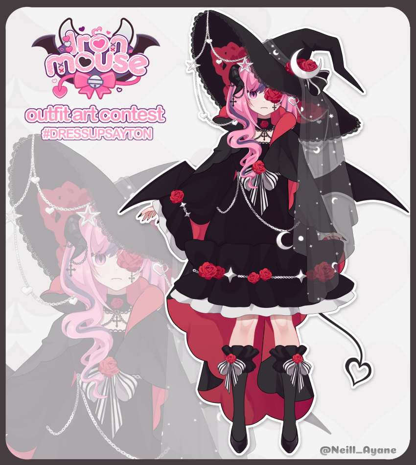 1girl, absurdres, black_dress, black_nails, character_name, commentary, demon_girl, demon_horns, demon_tail, demon_wings, dress, english_commentary, flower, flower_in_eye, frilled_dress, frills, highres, horns, ironmouse, ironmouse_(witch), long_hair, looking_at_viewer, nail_polish, neill_ayane, official_alternate_costume, official_art, pink_hair, purple_streaks, red_flower, smile, solo, symbol_in_eye, tail, vshojo, white_background, wings, zoom_layer