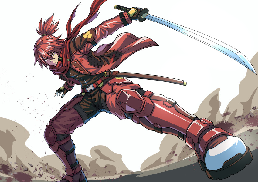 1boy, absurdres, belt, boots, commentary_request, fighting_stance, fingerless_gloves, gloves, highres, holding, holding_sword, holding_weapon, jacket, outdoors, personification, pokemon, red_boots, red_hair, red_jacket, red_scarf, sand, scarf, solo, sword, weapon, yokomiya4538