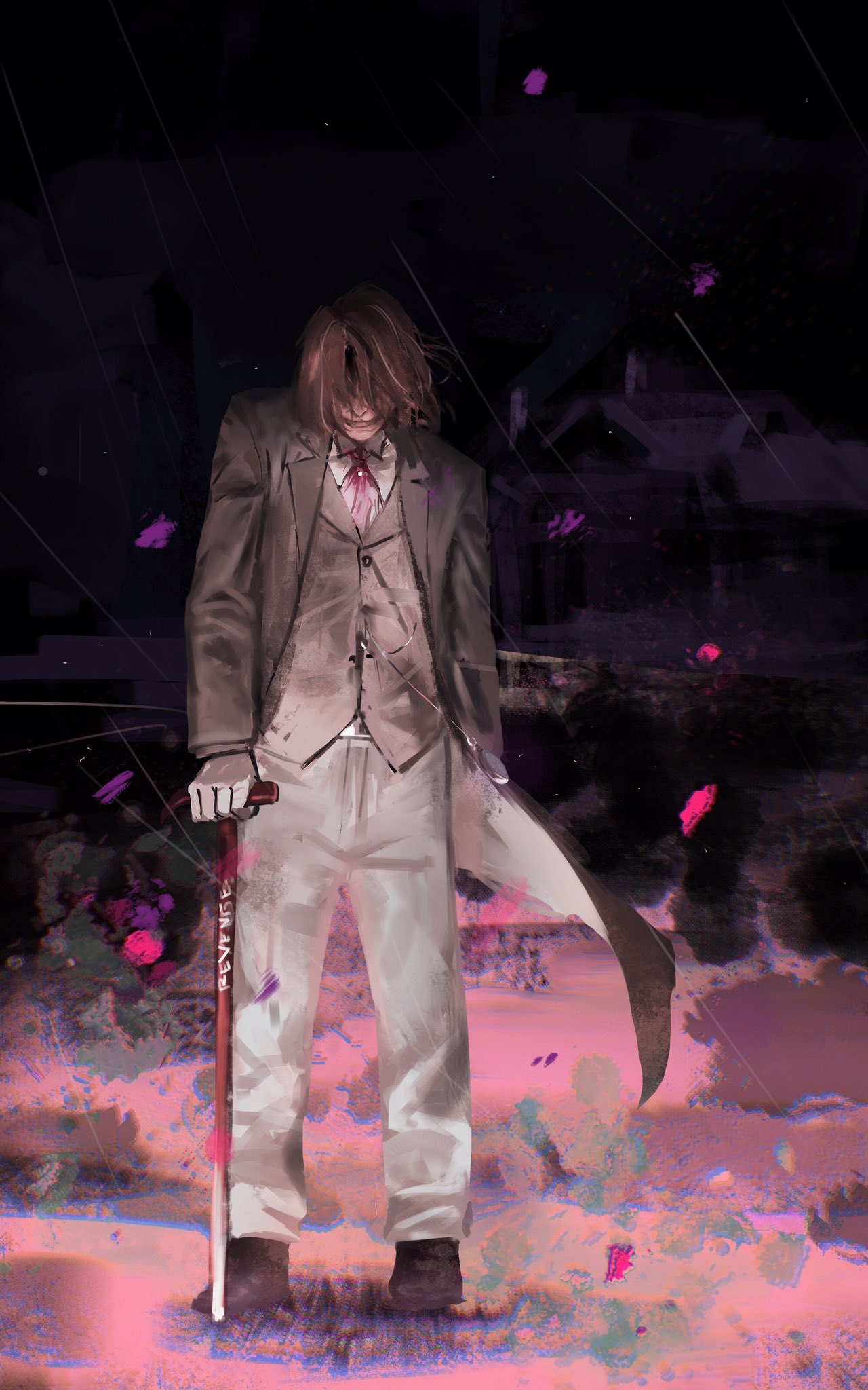 1boy, alternate_universe, black_coat, black_jacket, black_shoes, black_suit, brown_hair, cane, coat, collared_shirt, commentary, english_commentary, evil_smile, full_body, hair_over_eyes, heathcliff_(project_moon), heather_(flower), highres, holding, holding_cane, hvcassini98, jacket, lapels, limbus_company, male_focus, mansion, messy_hair, necktie, night, notched_lapels, open_clothes, open_coat, out_of_character, pants, project_moon, purple_necktie, rain, shirt, shoes, sky, smile, solo, standing, suit, suit_jacket, white_pants, white_shirt, wuthering_heights