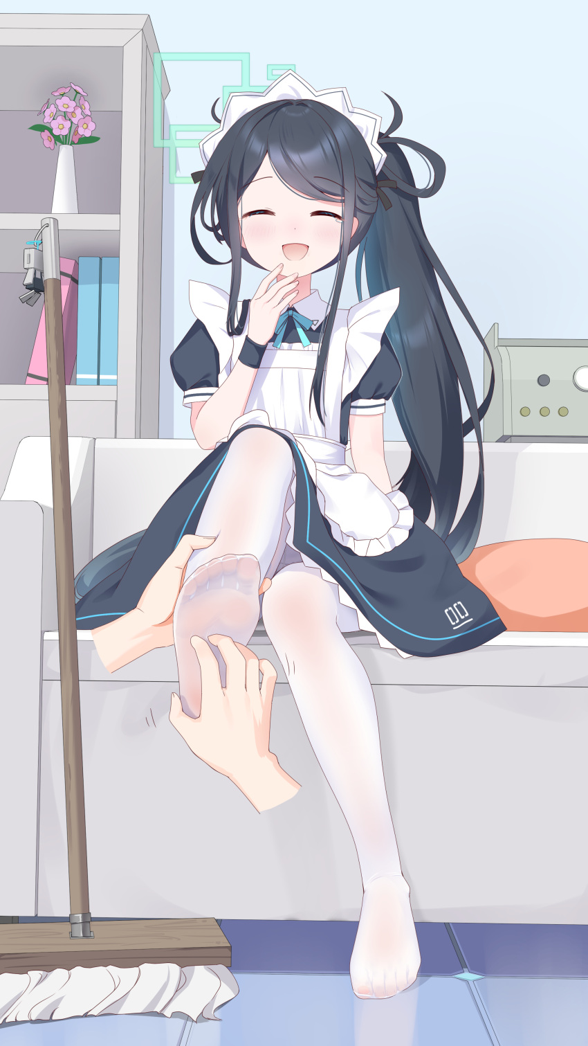 1girl, 1other, :d, ^_^, absurdres, apron, aqua_halo, aris_(blue_archive)