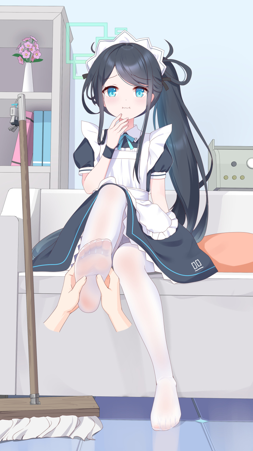 1girl, 1other, :i, absurdres, apron, aqua_halo, aris_(blue_archive), aris_(maid)_(blue_archive)