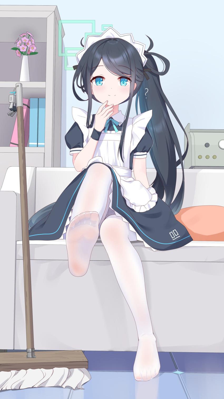 1girl, ?, absurdres, apron, aqua_halo, aris_(blue_archive), aris_(maid)_(blue_archive), black_dress