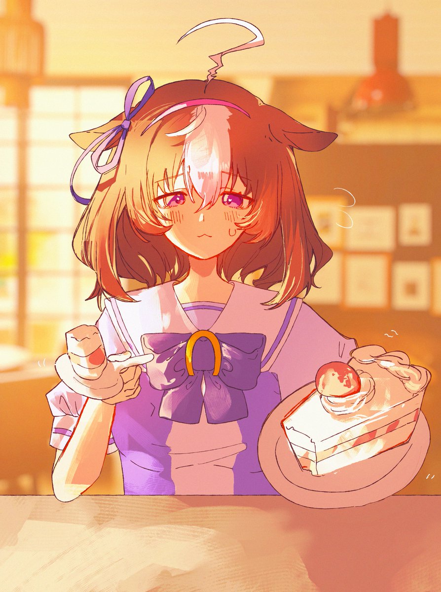 1girl, ahoge, animal_ears, blush, bow, bowtie, brown_hair, cake