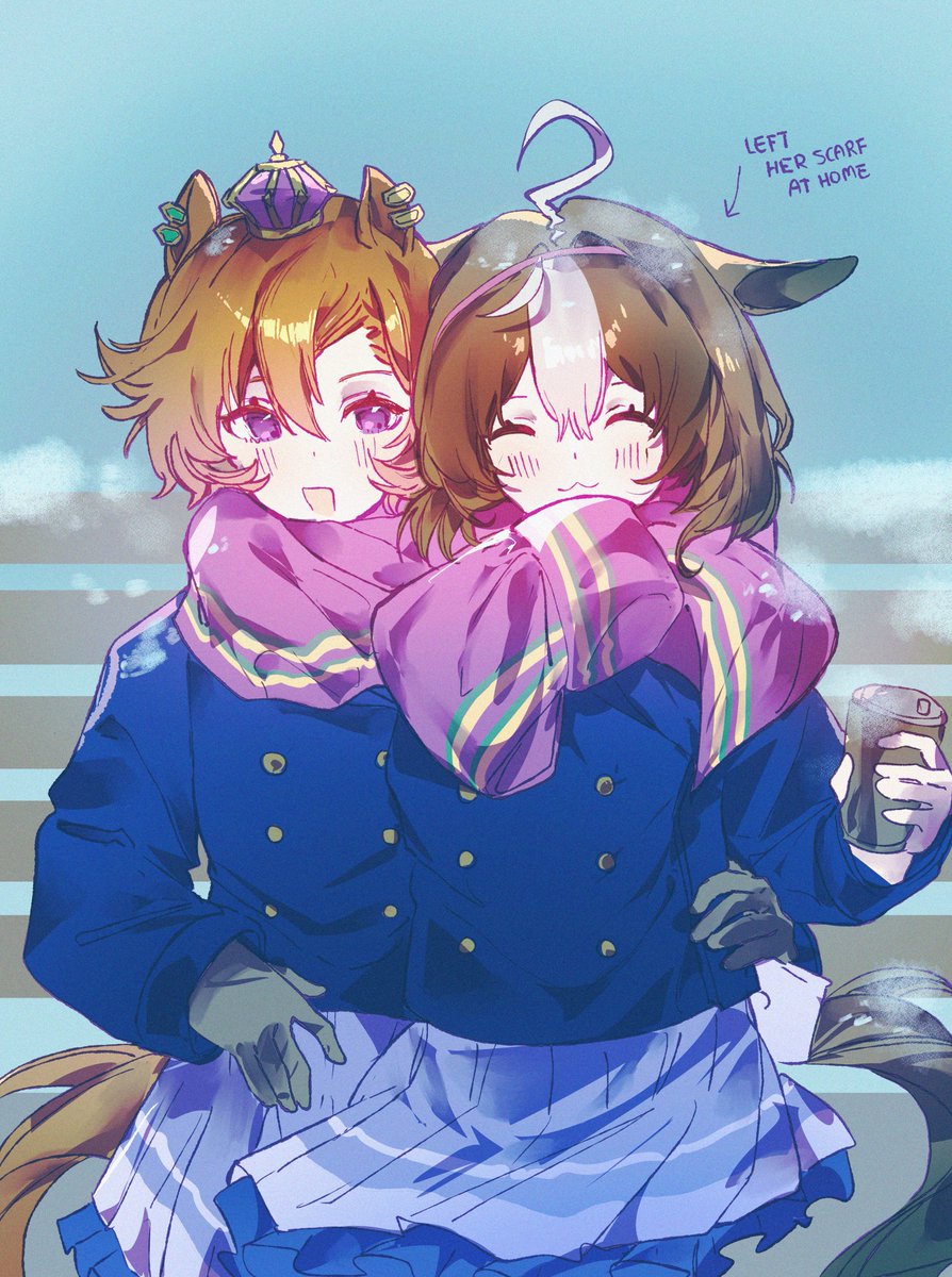 2girls, ahoge, animal_ears, arm_around_waist, arrow_(symbol), blue_coat, blush, brown_hair