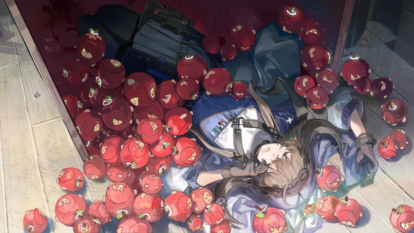 1girl, :d, absurdres, apple, arknights, chinese_commentary, closed_eyes, commentary_request, exusiai_(apple)_(arknights), exusiai_(arknights), food, fruit, gloves, halo, hat, highres, jacket, kasane_teto, looking_at_another, looking_down, open_clothes, open_mouth, pallas_(arknights), pearto, skirt, sleeping, smile, standing, variant_set, yise_boli
