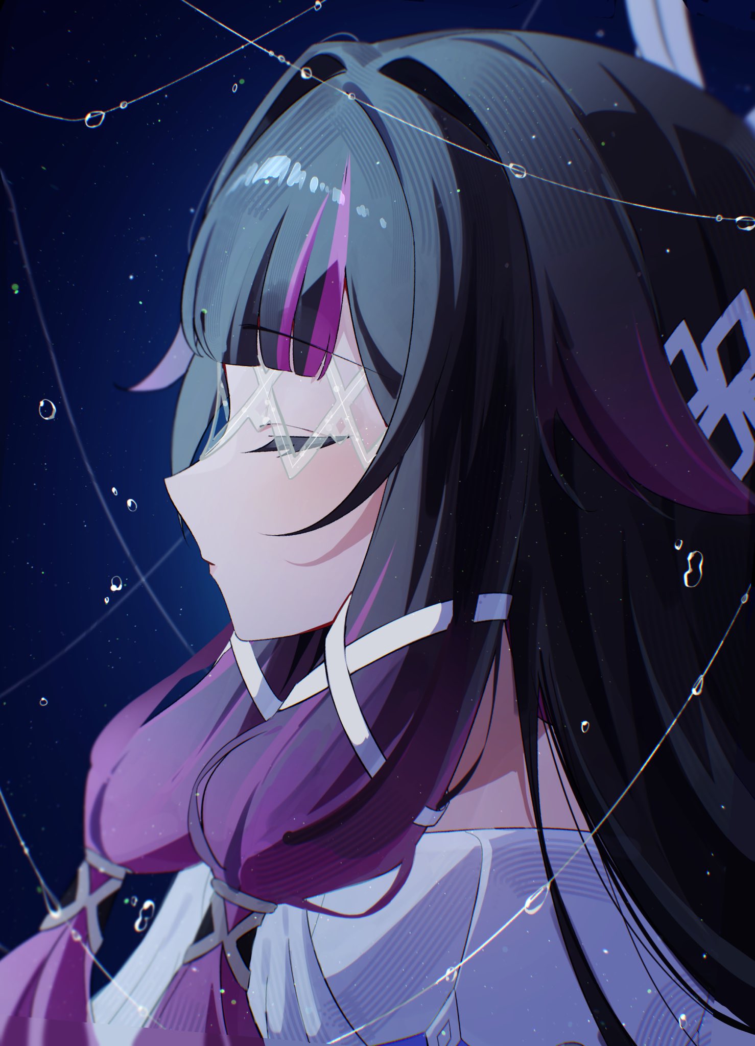 1girl, black_hair, blue_background, blunt_bangs, closed_mouth, columbina_(genshin_impact), commentary_request, eye_mask