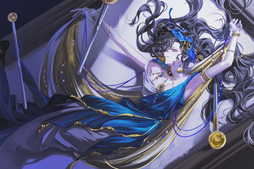1girl, armpits, arms_up, black_hair, blue_dress, blue_veil, bracelet, dress, evening_gown, feet_out_of_frame, from_above, gold_cape, hair_spread_out, hashtag-only_commentary, highres, idarong, insect_pin, isolde_(reverse:1999), isolde_(the_last_fluttering_beat)_(reverse:1999), jewelry, long_dress, long_hair, looking_at_viewer, lying, official_alternate_costume, on_back, picture_frame, profile, reverse:1999, sleeveless, sleeveless_dress, smile, solo, two-tone_dress, veil, very_long_hair, violet_eyes, white_dress