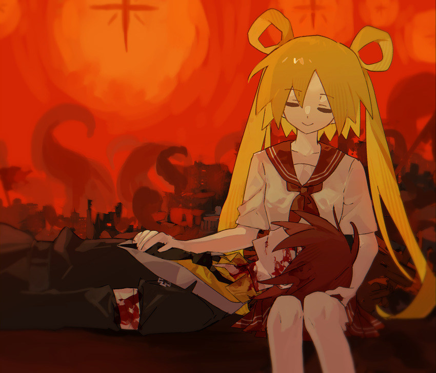 1boy, 1girl, anonymous1203, bandaged_arm, bandages, black_necktie, black_suit, blonde_hair