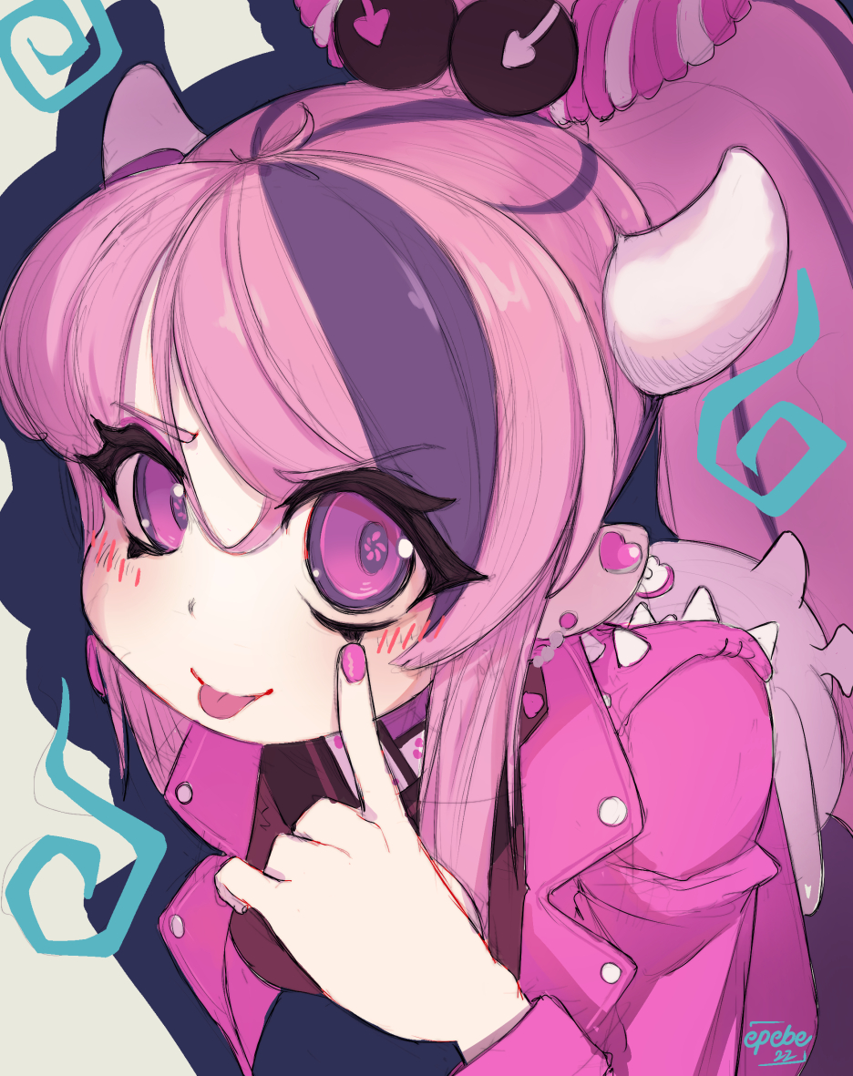 1girl, blush, closed_mouth, commentary, demon_girl, demon_horns, english_commentary, epebe